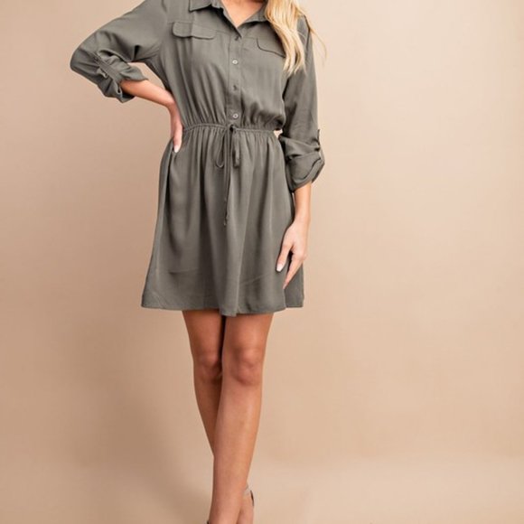 Olive Utility Drawstring Dress - Picture 3 of 8
